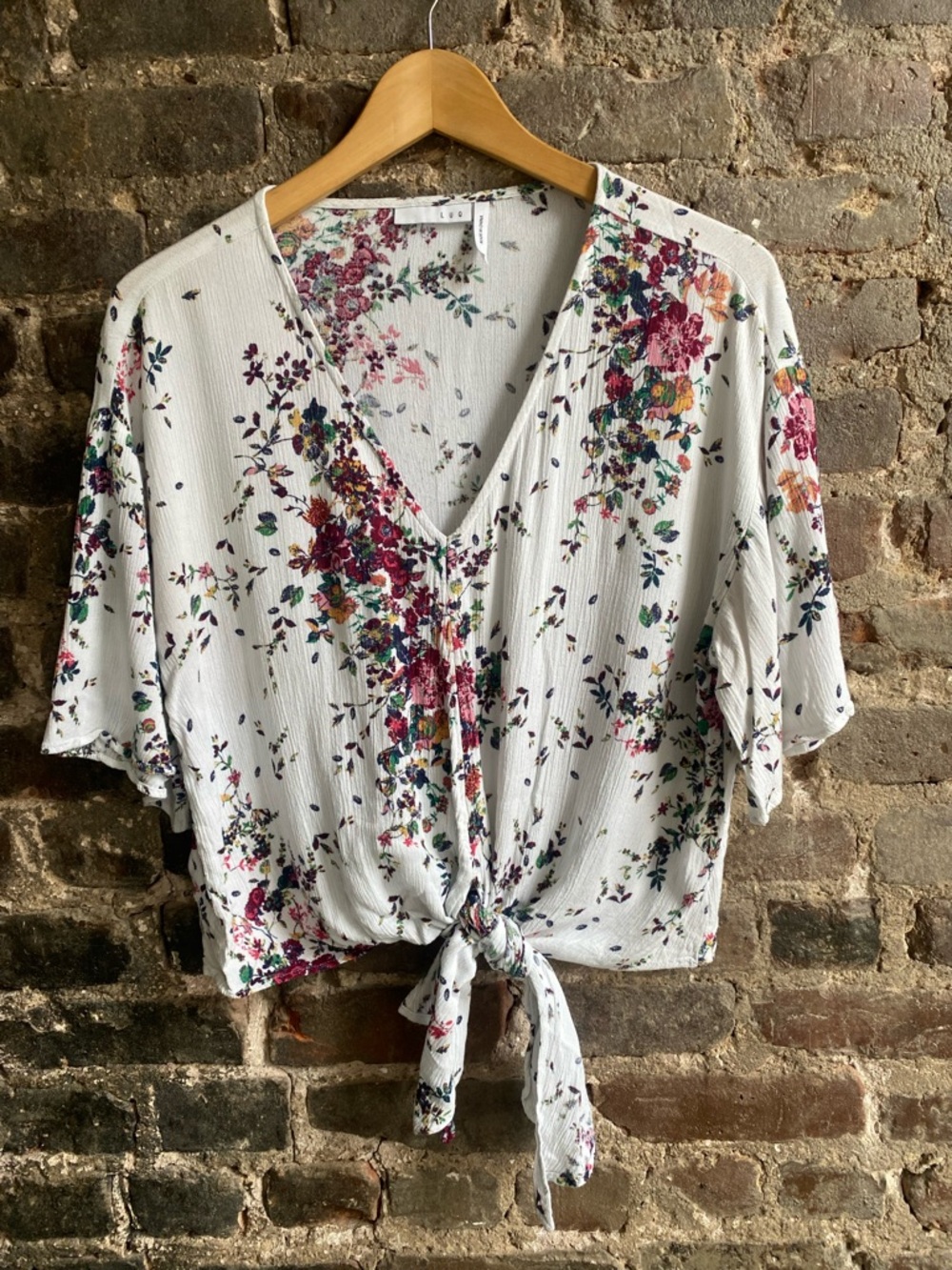 White Floral Tie-Front V-Neck Blouse